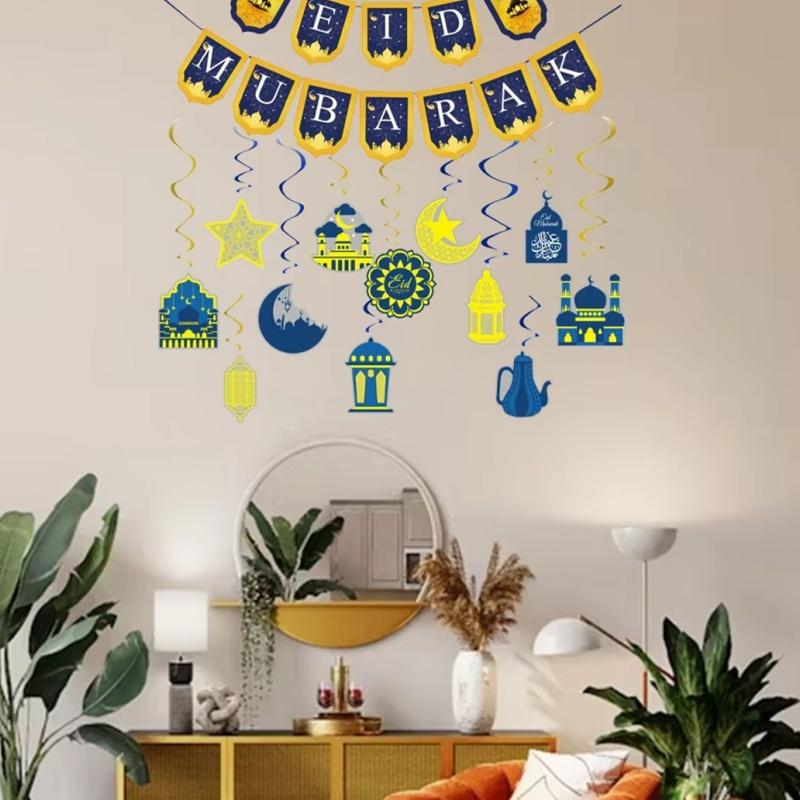 Баннер Ид Мубарак Буквы Луна Звезды Бумажные флажки Исламский Мусульманский Рамадан Подвесные украшения Украшения для вечеринки Товары