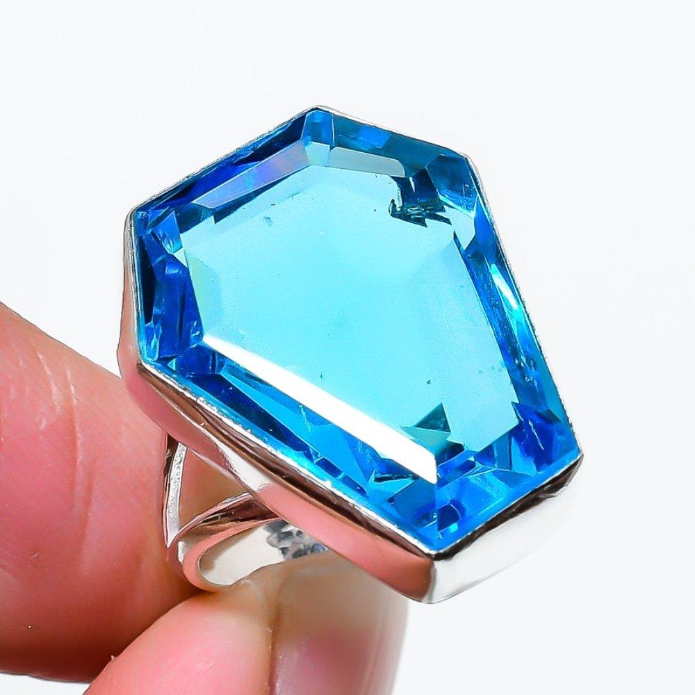 Кольцо из серебра 925 пробы с натуральным голубым топазом ручной работы, размер 6 h2t21