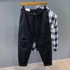 Trendy Micro-Cross Black Jeans Men's Loose Straight Casual Beggar Harem Pants
