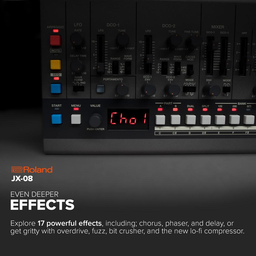 Roland Аутентично воспроизводит звук Включает портативный синтезатор JX-08 JX-8P. встроенный динамик.