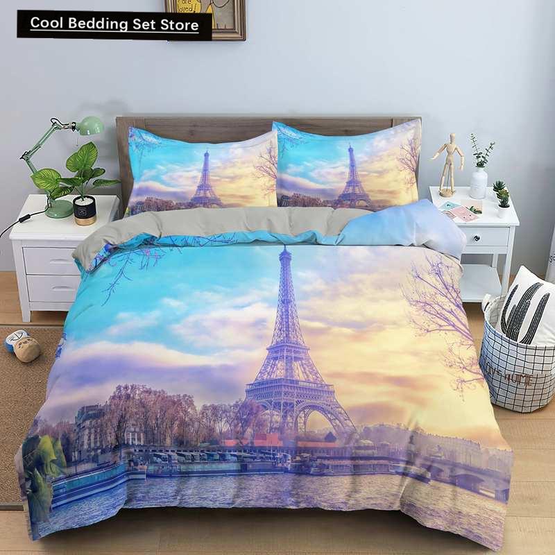 Пододеяльник с изображением парижской башни King Queen Знаменитые здания во Франции Комплект постельного белья для взрослых Розовый Романтический 2/3 шт. Полиэстеровый пододеяльник
