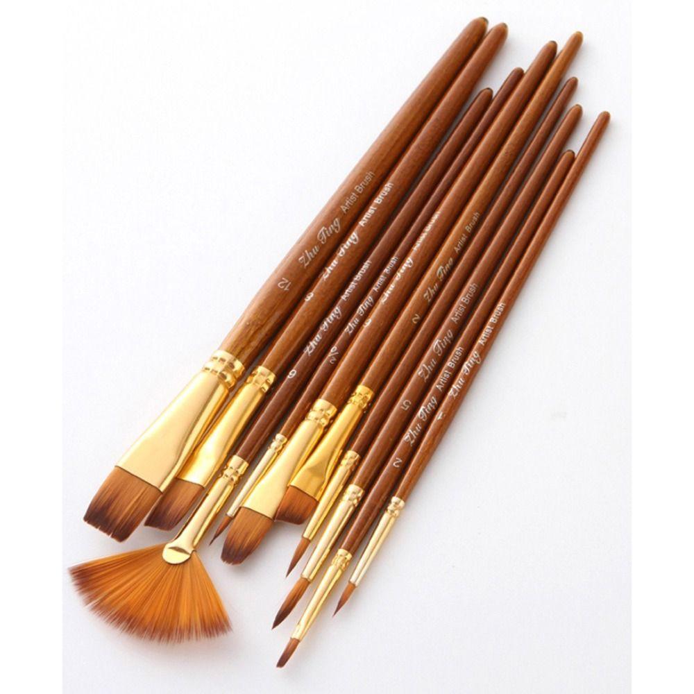 10Pcs/Set Nylon Bristles Watercolor Gouache Painting Pen Round Flat Angle Drawing Art Brush  Gouache