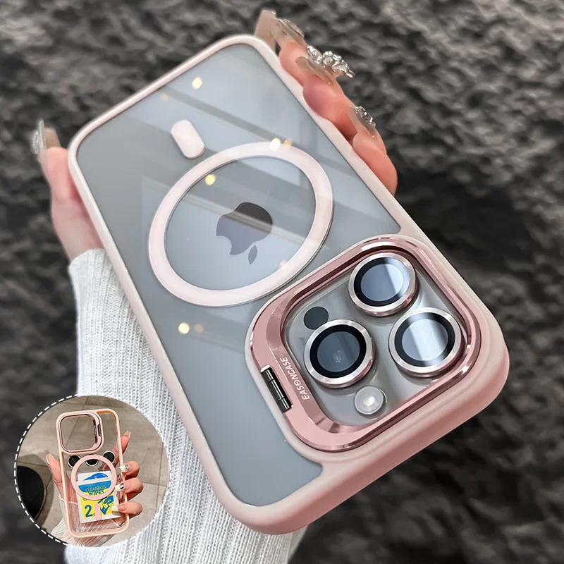 Магнитный металлический чехол-подставка для защиты объектива для iPhone 15 12 13 14 11 Pro Max Plus для Magsafe со стеклянной прозрачной крышкой для объектива