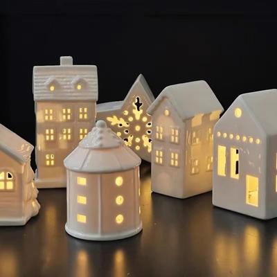 LED Porcelain Lamp Ornament Button Batteries House-shaped Night Lamp Bedside Use
