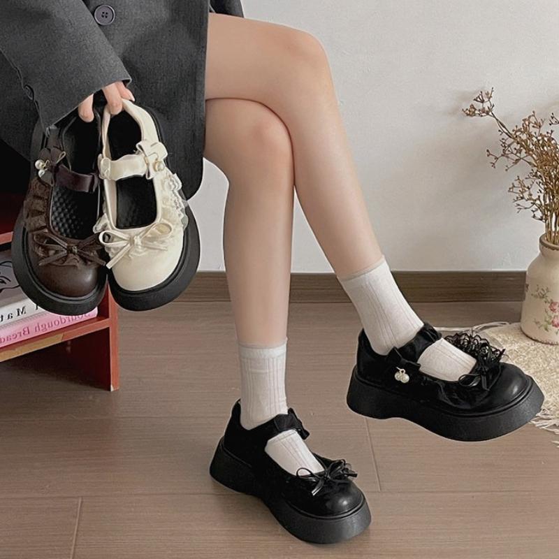 British Style Vintage Women Mary Jane Shoes Concise Butterfly-knot Single Shoes Ladies Height Increase Dress Leather Pumps