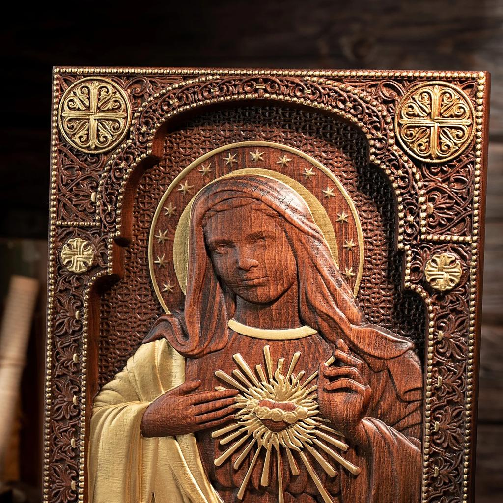 Деревянная скульптура Священного Сердца Девы Марии, Католическое изображение Святого Сердца, Религиозная Церковь, Христианский Подарок, Украшение Дома