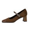 Women's Shoes with Thick Heel, Mid Heel, Shallow Mouth Splicing, Square Toe, Straight Line with Rhinestone Buckle, Single Shoe, Mary Jane Shoes