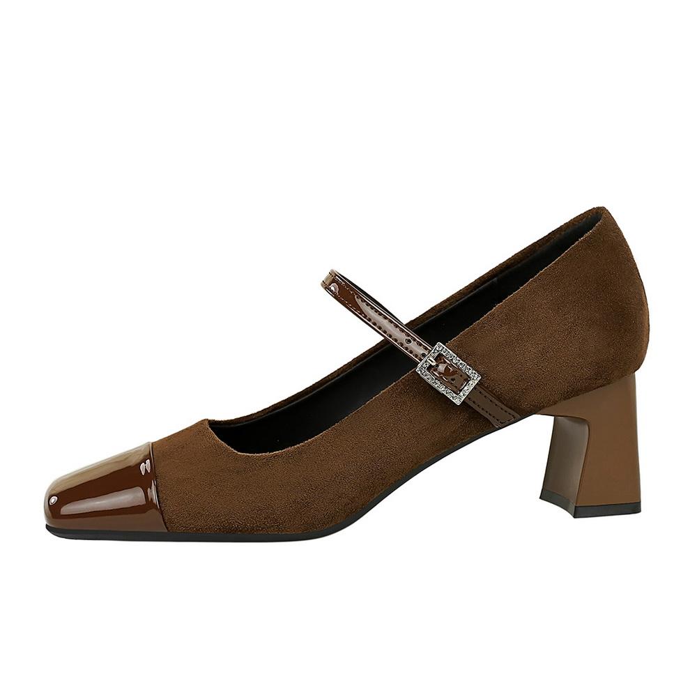 Women's Shoes with Thick Heel, Mid Heel, Shallow Mouth Splicing, Square Toe, Straight Line with Rhinestone Buckle, Single Shoe, Mary Jane Shoes