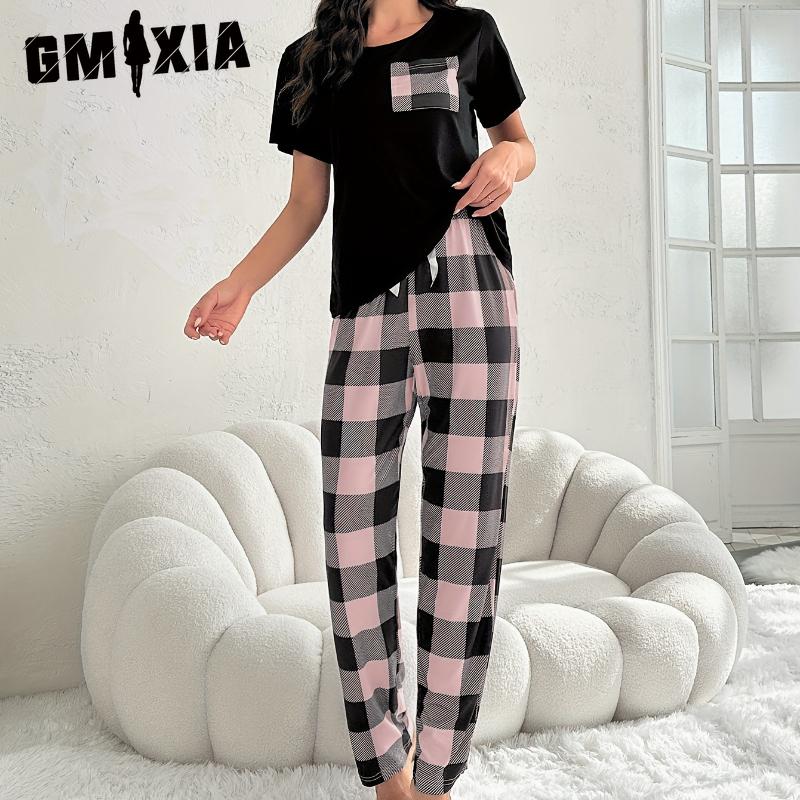 GMXIA Women's Plaid Homewear Pajamas Two Piece Set with Pockets Casual Comfortable Wearable Thin Pajamas