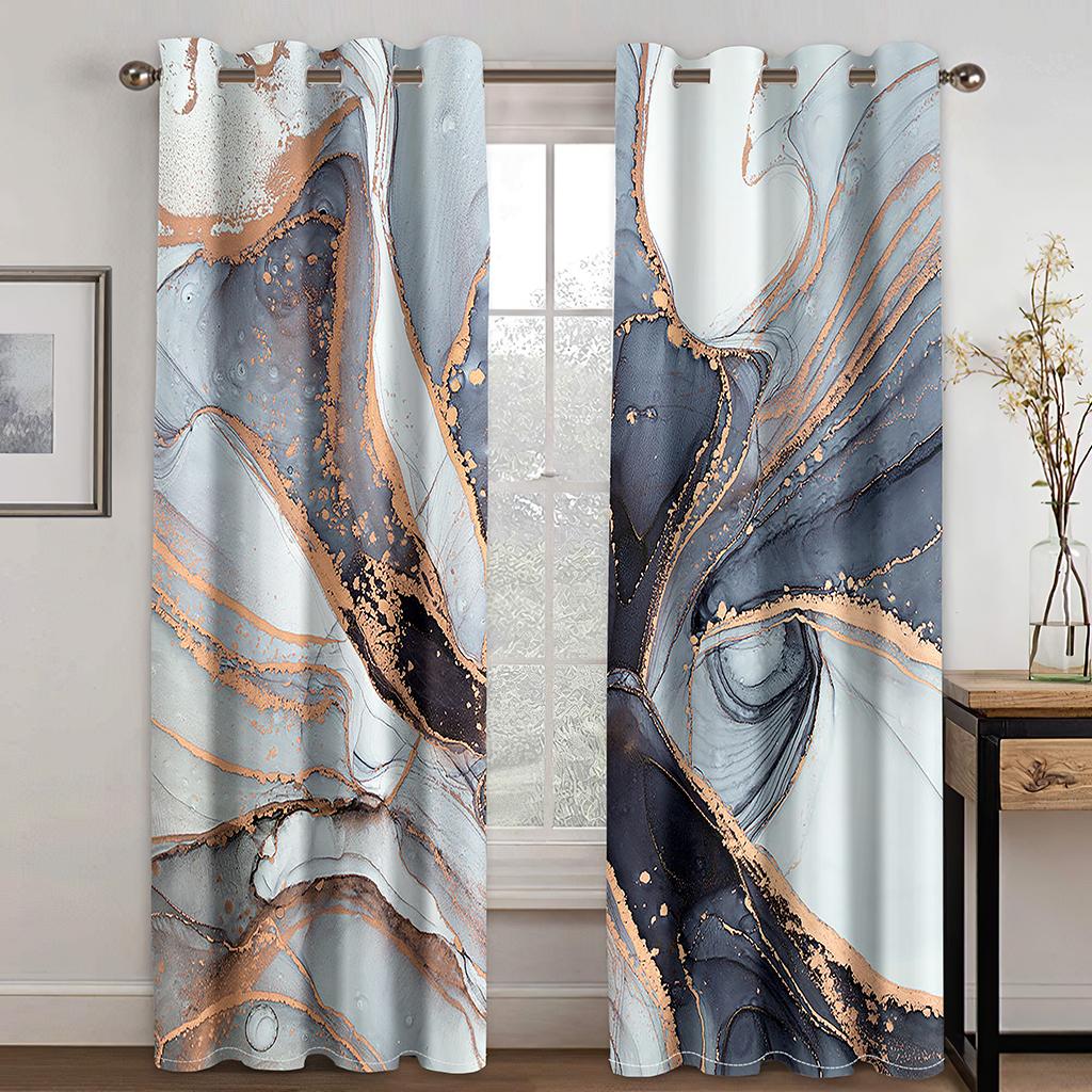 2pcs Modern Abstract Art Marble Textured Geometric Print Drape RodPocket Curtain Semi Blackout Curtains For Living Room Bedroom