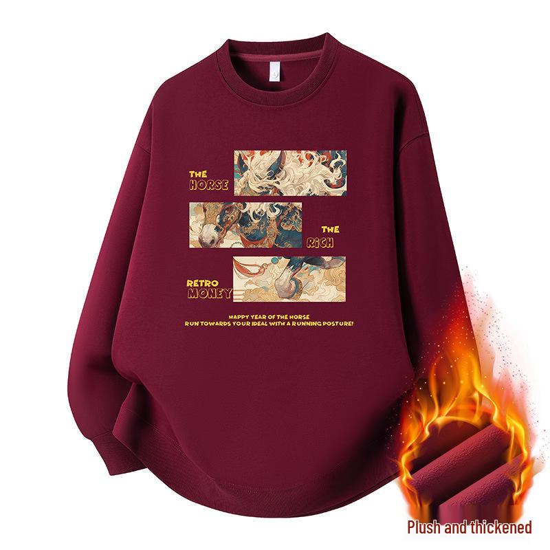 2025 Unisex Red Round Neck Year of the Horse Sweatshirt with Custom Logo, Thickened for Annual Meeting.