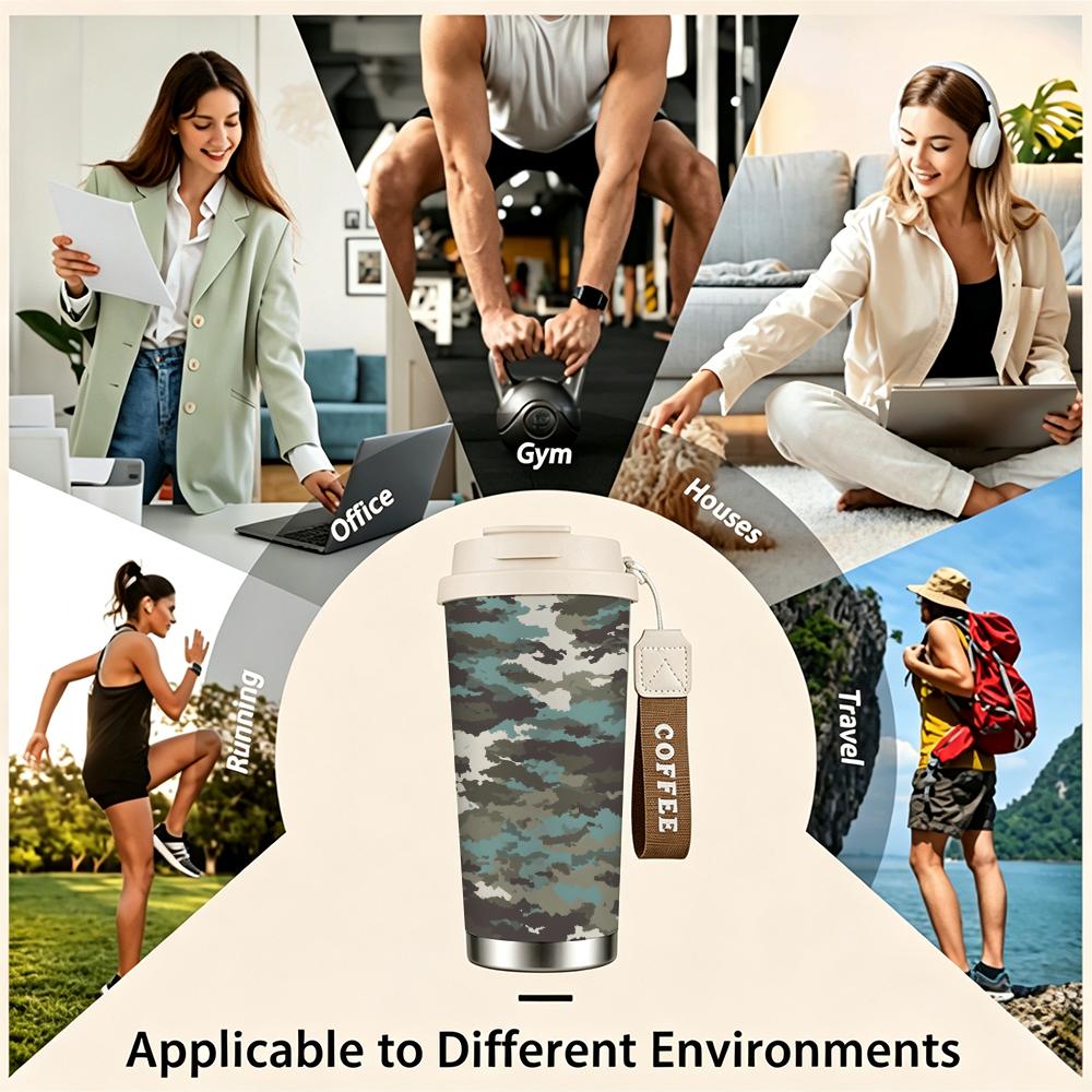 Camo Pattern Leakproof Stainless Steel Insulated Coffee Tumbler Reusable Vacuum Thermal Mug Portable Travel Cup for Outdoor Sport Office