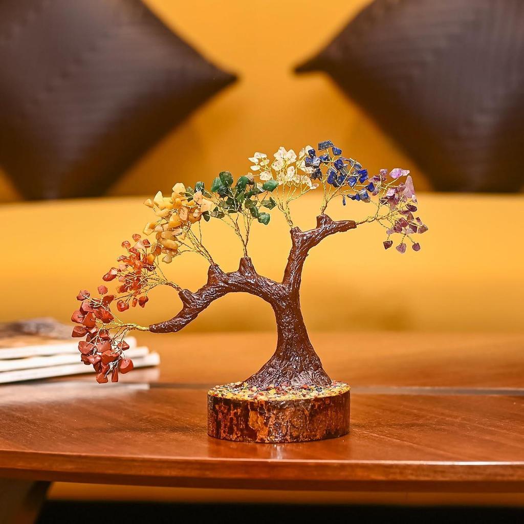 Seven Chakra Crystal Tree – Handmade Feng Shui Bonsai Tree with Natural Gemstones on Wooden Base – Decorative