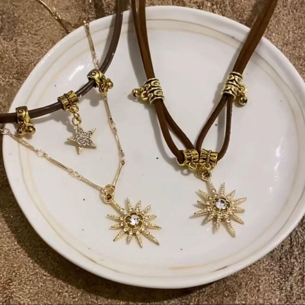 Регулируемое двойное ожерелье «Солнечная звезда» из кожи, цепочка на ключицу, ожерелье с подвеской «Солнце» для женщин