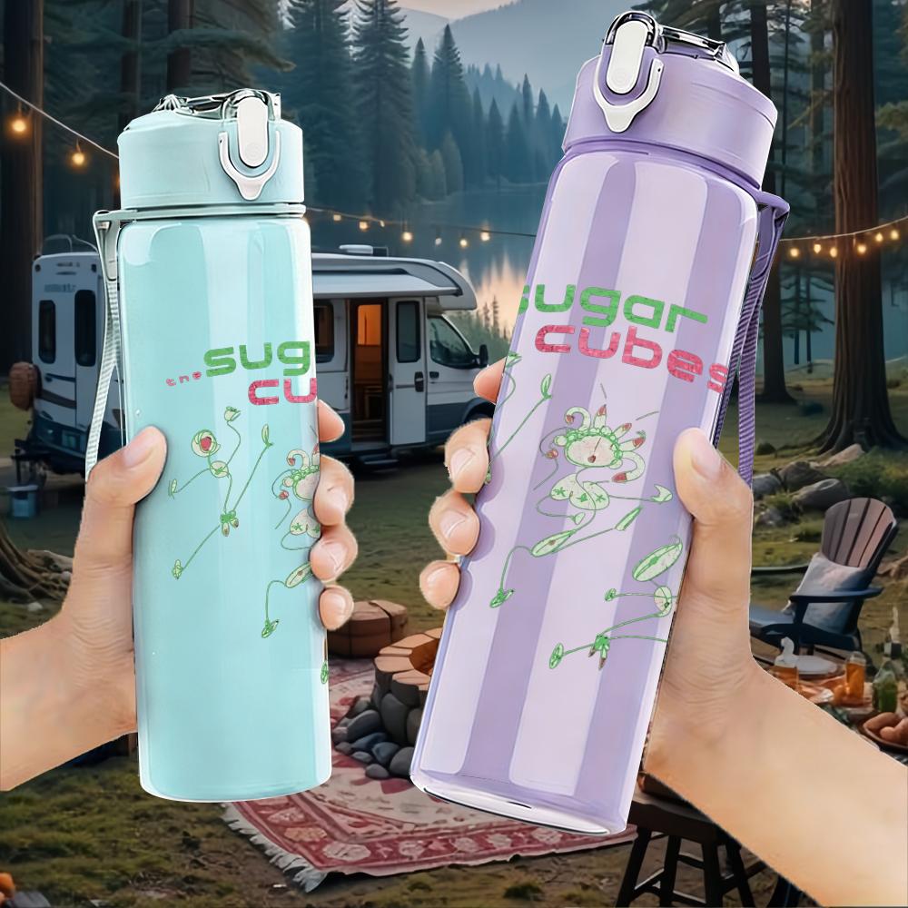 1PC Light green leaf nature sketch print 750ml colorful plastic sports water bottle leakproof pop lid with straw for outdoor office home use
