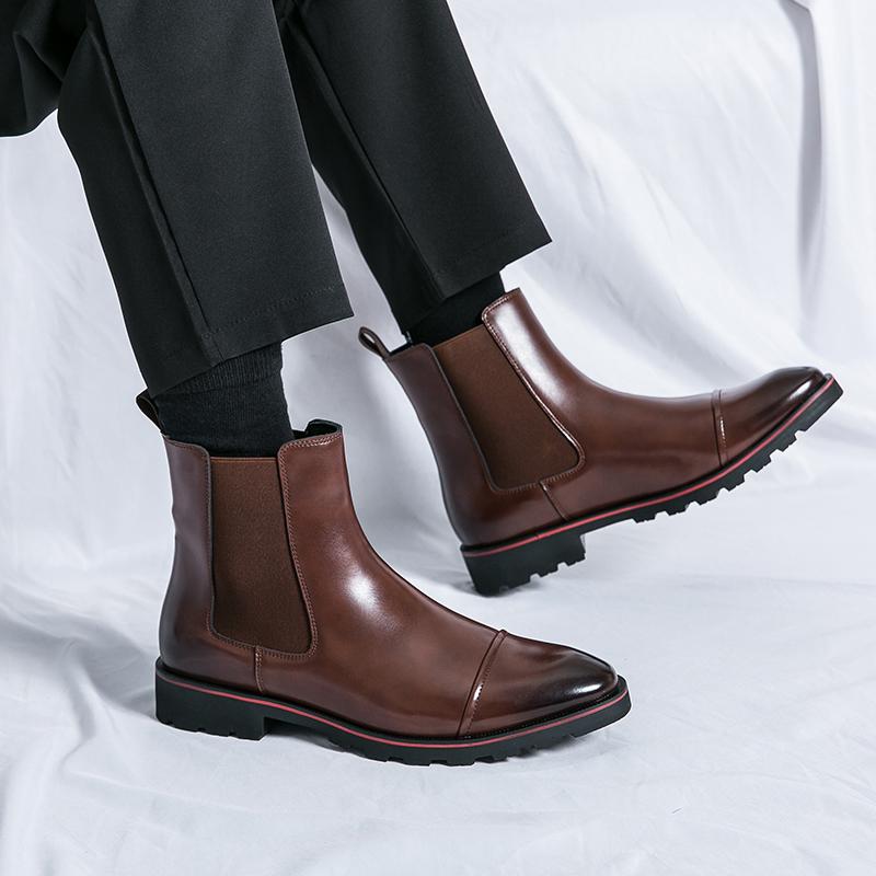 High Quality Men Boots Slip-On Low Heel Black Color High Top Botas Mujer Casual Ankle Motorcycle Shoes Leather Chelsea Boots