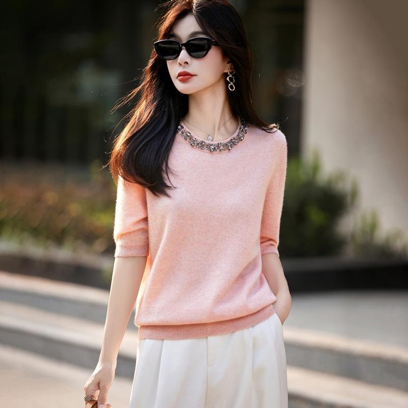 Autumn And Winter 100 Ultra-Fine Wool Knitted Short-Sleeved Round Neck Five-Quarter-Sleeved Sweater Fashionable Age-Reducing Hot Diamond Design Sense