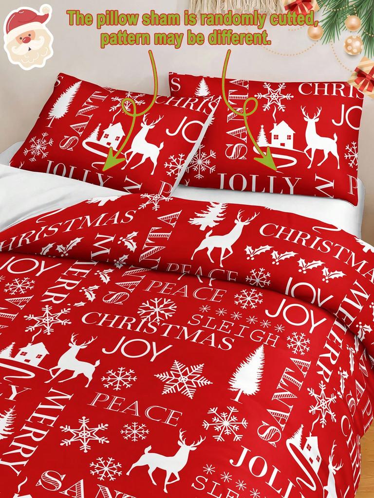 Christmas Bedding Set Red Background Snowflakes Christmas Duvet Cover Set Christmas Gingerbread Man Printed 3 Pieces Christmas