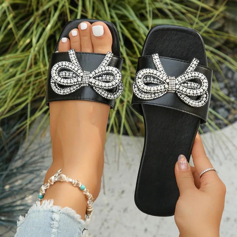 Fashion 2025 Shoes for Women Open Toe Women's Slippers Plus Size Daily Slippers Women String Bead Bow Tie Square Toe Flat with Sandals