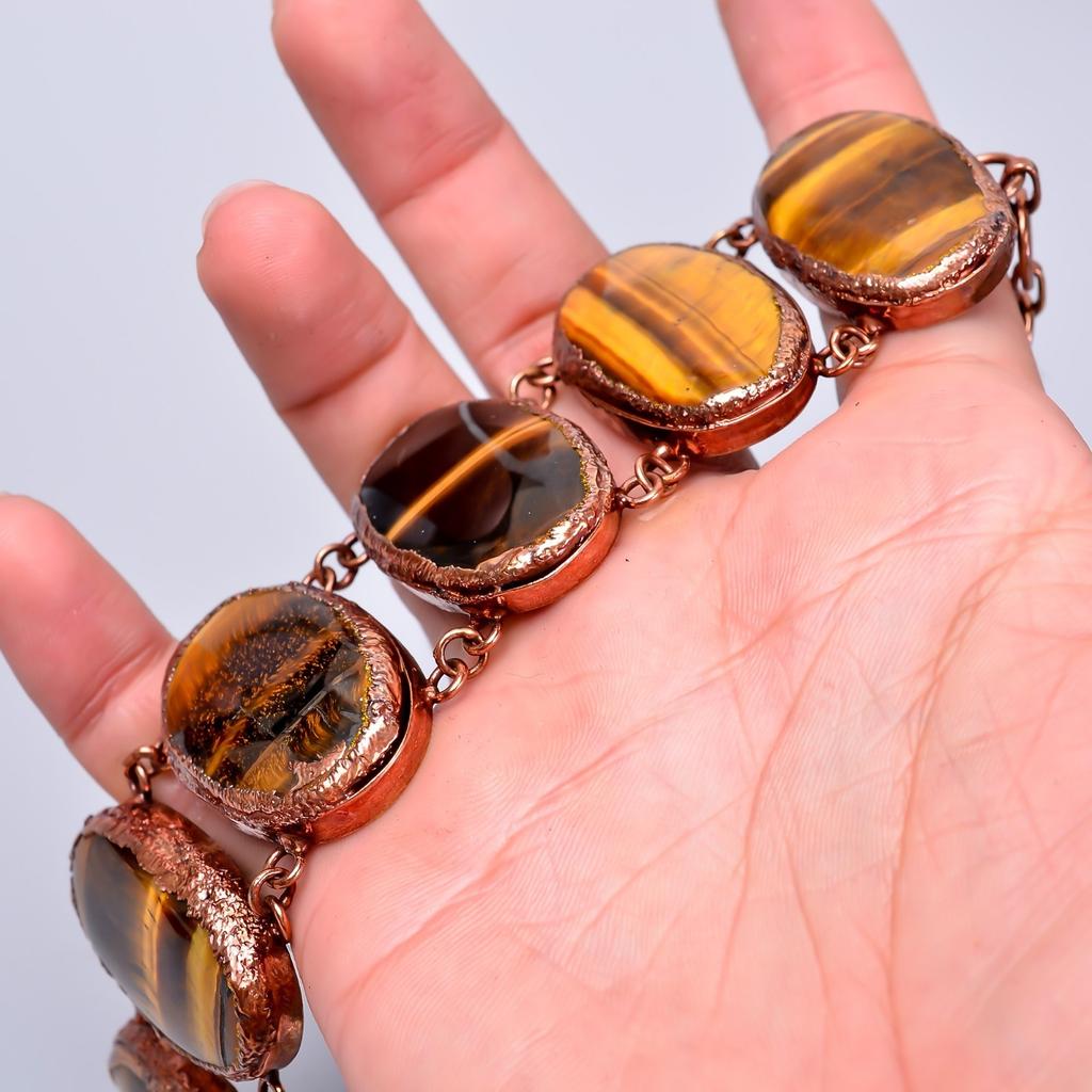 Natural Tiger Eye Copper Electroformed Statement Sacral Chakra Bracelet Jewelry V-75