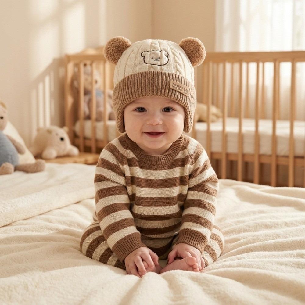 Warm Thick Knitted Beanie Hat Embroidery Pullover Hat New Kids Bear Ear Hat Autumn