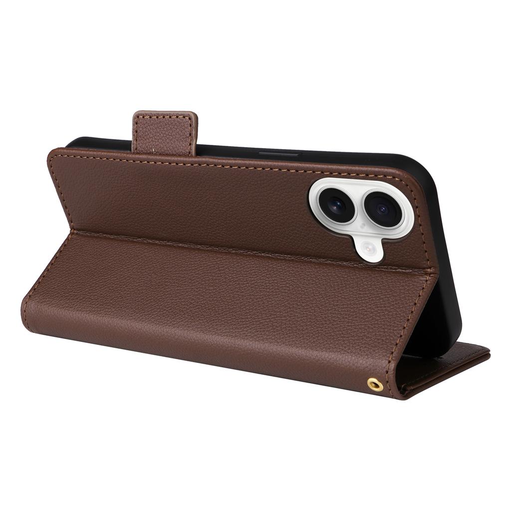 For iPhone 16 Case with Wrist Strap Litchi Texture PU Leather Wallet Phone Cover