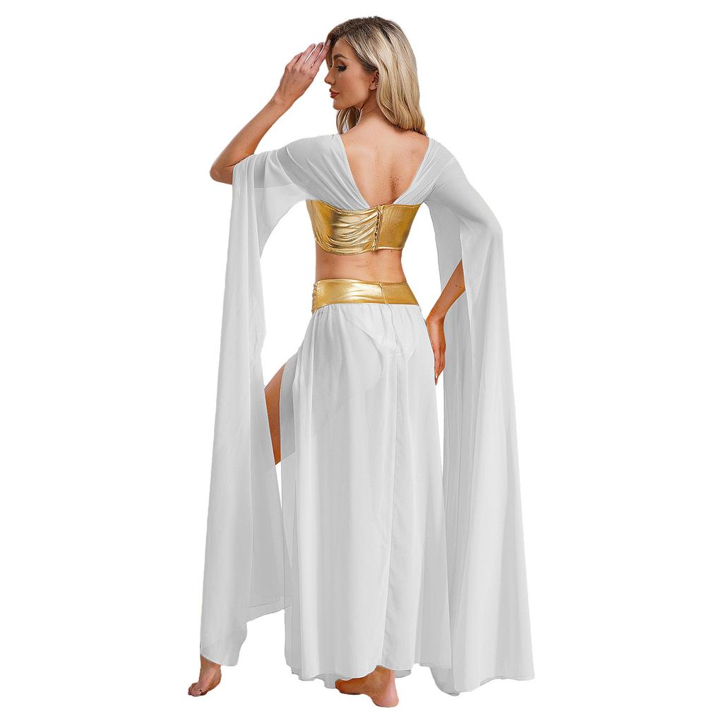 Womens Egyptian Cleopatra Costume Crop Top Split Chiffon Skirt Set Halloween Party Wear