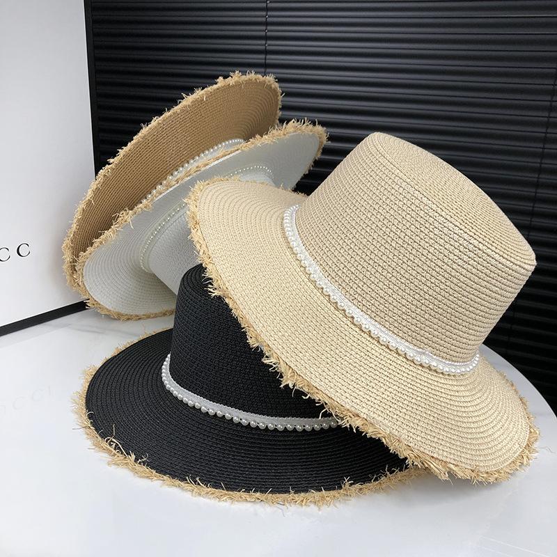 Женская соломенная шляпа в французском стиле с жемчугом, пляжная шляпа для защиты от солнца, защита от УФ-лучей, шляпа от солнца с плоским верхом для прогулок