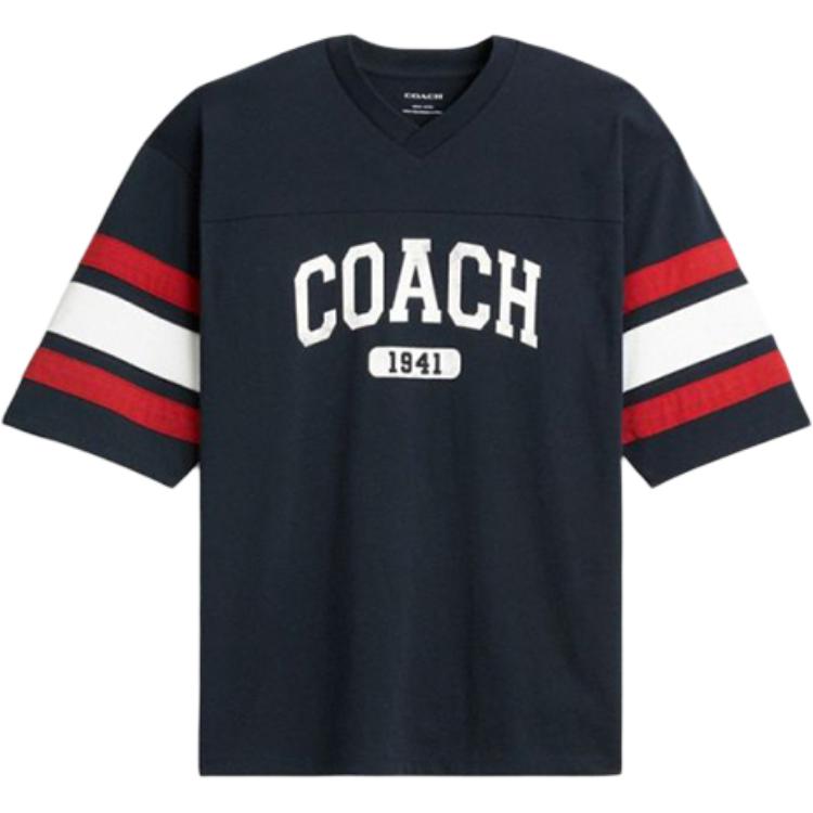 Coach Ss25 Хлопковая футболка с принтом, V-образным вырезом, с коротким рукавом для занятий спортом на открытом воздухе, мужские футболки, темно-синий CY572-VIN