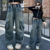 Wide Leg Trousers Teenage Girls Jeans with Big Pocket Four Seasons High Waist Fashion Blue Cargo Denim Pants
