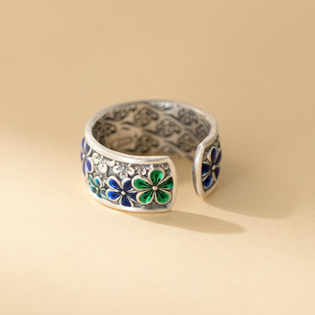 Новое кольцо в китайском этническом стиле, персонализированное открытое кольцо с цветочным узором, эмалированное, красочное, винтажное, в стиле тяжелой промышленности, регулируемое кольцо, повседневное, на каждый день, изящное, минималистичное кольцо