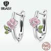 925 Sterling Silver Enamel Pink Realistic Cherry Blossom and Tree Leaf Earrings Buckle for Women Jewelry