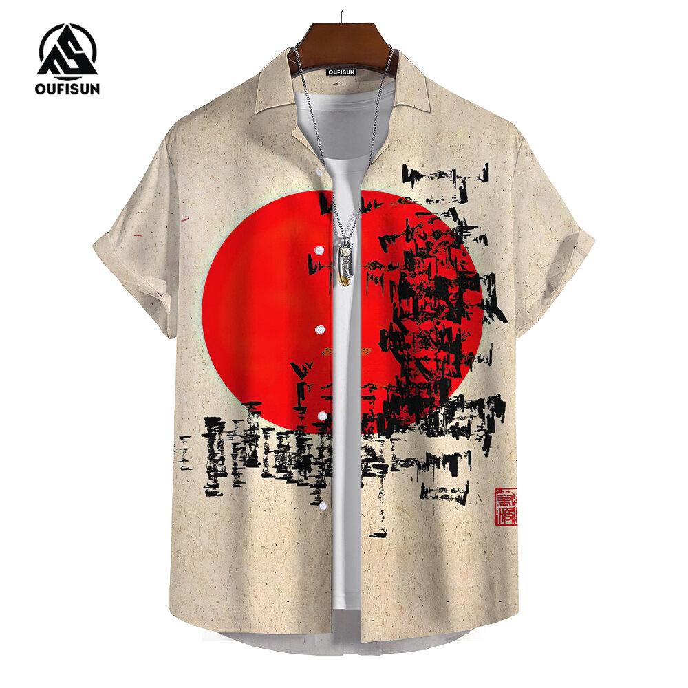 Летние мужские рубашки с коротким рукавом, японский стиль, принт, уличный тренд, мужские рубашки, свободные топы