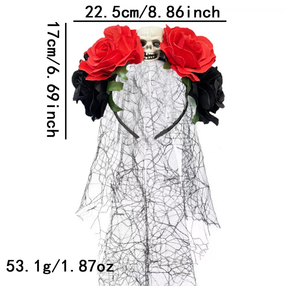 Day Of The Dead Headpiece Comfortable Skull Rose Headband Cosplay Crown Exaggerated Black Veil Floral Hair Band For Cosplay