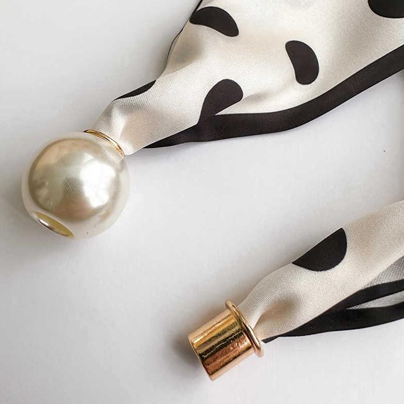 Magnetic Narrow Elegant Satins Neck Scarf Wrap With Pearls Chain Necklace And Buckle For Women Vintage Floral Silk Neckerchief
