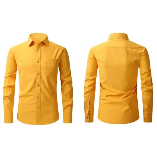 Men Spring Fall Dress Shirt Turn-down Collar Slim Fit Stretchy Single-breasted Long Sleeves Pure Color Mid Length Formal Business Event Office Top