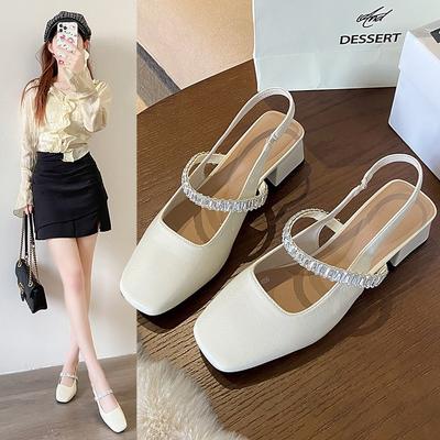 Сандалии на плоской подошве с низким каблуком и закрытым носком, женские, весна-лето 2025, новая французская мода, стразы, надпись, с мелким вырезом, квадратный носок, одинарные туфли