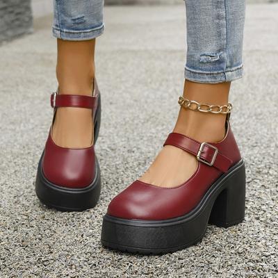 Женская обувь Мэри Джейн, однотонная женская обувь высокого качества на квадратном каблуке с круглой пряжкой и пряжкой на массивной платформе, одноцветная женская обувь
