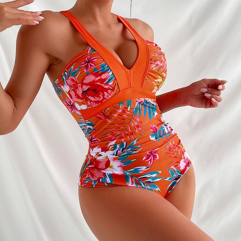 One Piece Women Swimwear Deep V Floral Print Swimsuit