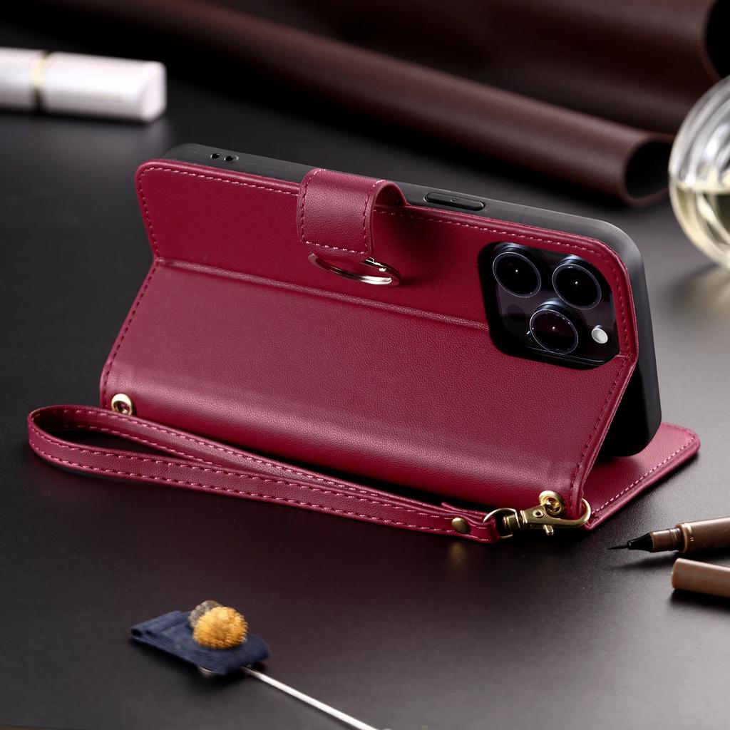 Кожаный чехол-книжка для IPhone 17 Air 16 15 Pro Max 16E 14 13 12 11 Pro XS Max XR SE 8 7 Plus с длинным ремешком, кошелек, кардхолдер