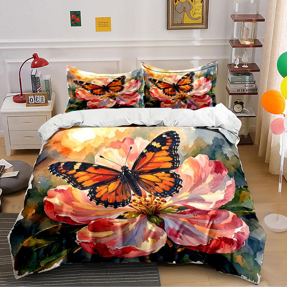 Butterfly on Vibrant Flower Bedding Duvet Cover Set Duvet Cover Pillowcases (1*Duvet Cover 2*Pillowcases, without duvet insert)