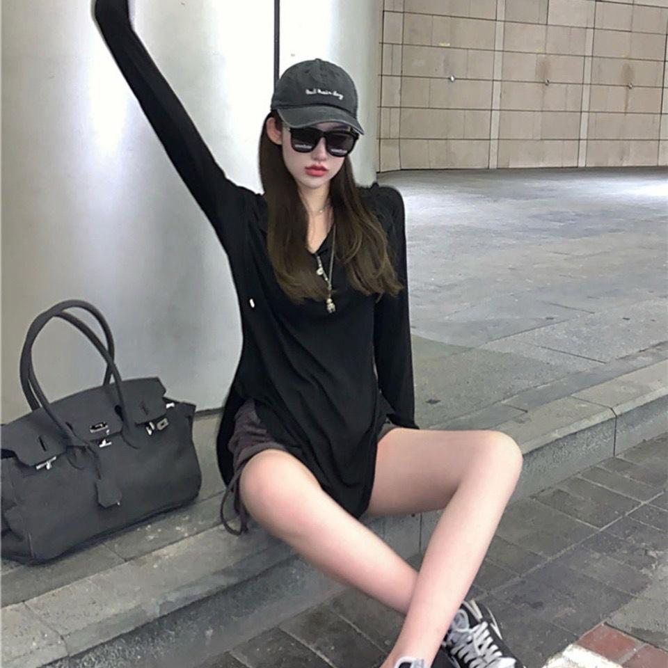 Ins Тонкая свободная футболка с длинными рукавами и капюшоном, дизайн интернет-знаменитостей, высокая талия, пуговицы на шнуровке