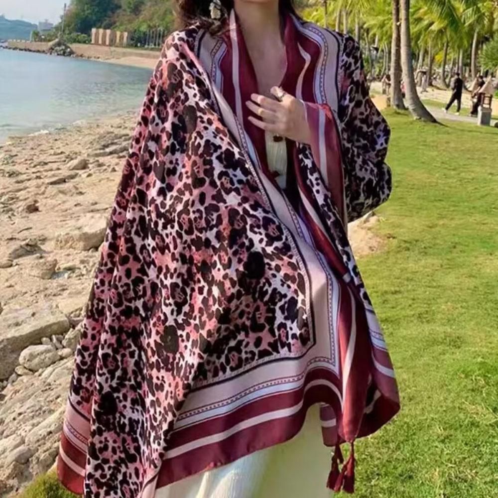 180Cm Leopard Print Flower Ethnic Style Scarf For Women'S Summer Sun Protection Silk Scarf, Paired With A Shawl Cape Beach Scarf