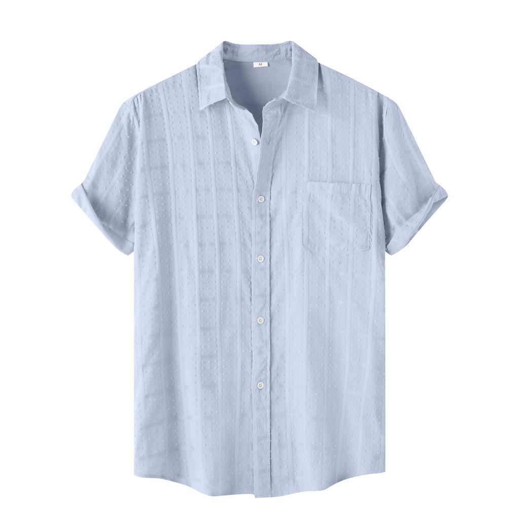 Men's Casual Single Pocket Striped Solid Color Short Sleeve Single Breasted Lapel Shirt