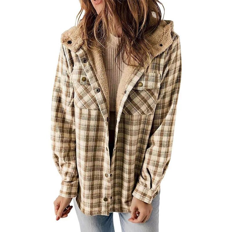 Women's Winter Casual Plaid Hooded Tweed Coat Thickened Padded Warm Jacket Lamb Wool Lining