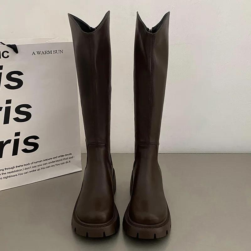 Зимние новые брендовые женские длинные сапоги, модные круглые носки, молнии, женские элегантные сапоги до колена с толстой подошвой, обувь 2024