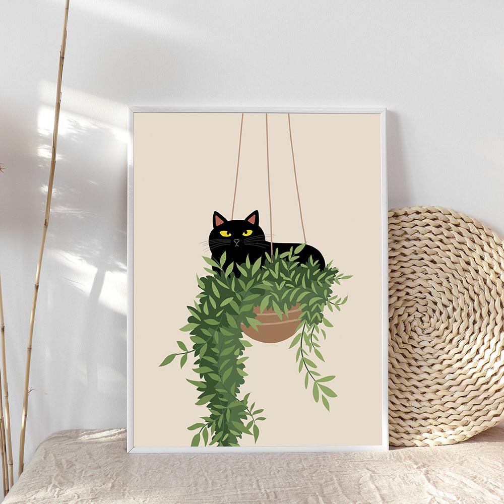 Ботанический черный кот, настенная живопись на холсте, стиль бохо, постер с животными, принты с тропическими растениями, забавные кухонные картины для домашнего декора