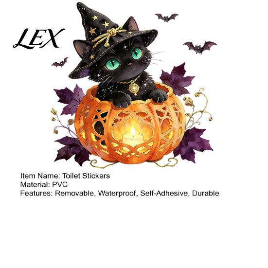 Creative Holiday Wall Murals Halloween Black Cat Witch Toilet Decals, Self-Adhesive Bat Cover Removable Waterproof Bathroom Decor Seat Stickers,