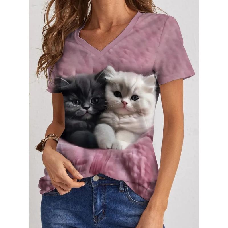 Casual Fashion Simple Abstract Painting Animal Black and White Cat Breathable 3D Printed V-neck Short Sleeve T-shirt Casual Sports Shirt