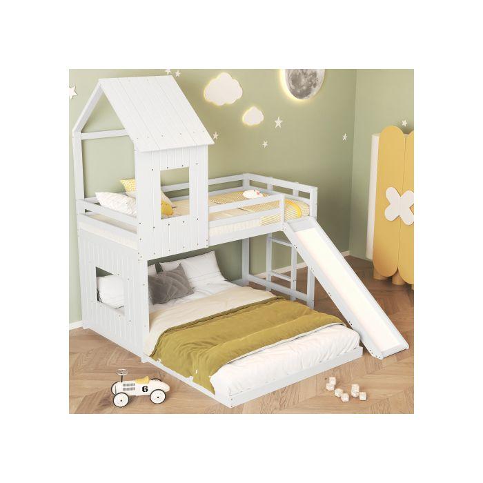 Lit superposé - MUVOE - 140x200cm et 90x200cm - avec toboggan - en pin blanc - sécurisé et amusant